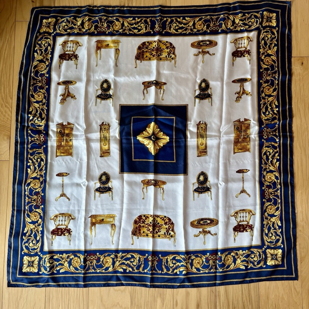 Vintage Talbots 100% Silk Scarf Navy Blue Gold Furniture Print Baroque Floral